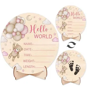 Newborn wooden milestone plaque baby birth announcement sign with cute teddy bear and balloons