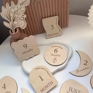 Wooden Baby Monthly Milestone Cards Set Natural Wood Newborn Growth Record Cards Flower Moon Arch Shaped Photo Props