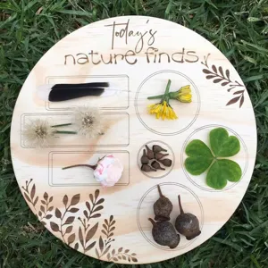 Hölzernes Natur-Sammelbrett für Kinder, Outdoor-Entdecker-Spielzeug Detailansicht.