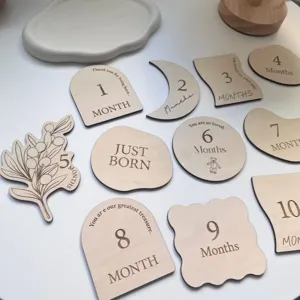 Wooden baby milestone cards set with monthly numbers and cute shapes for newborn photography.