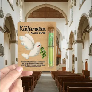 Holz Konfirmationskarte Geldgeschenk mit Tauben Motiv und Reagenzglas für Geldscheine Detail.