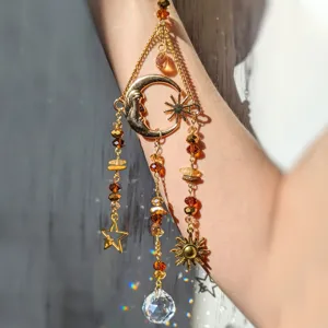Crystal sun catcher hanging ornament with moon, sun, stars, and clear pendant for home decor
