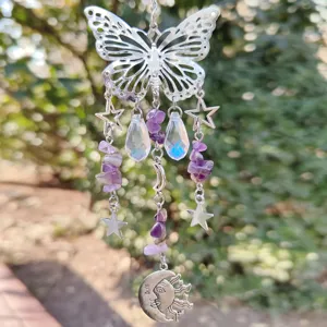 Butterfly crystal prism suncatcher window hanging ornament with purple crystal chips