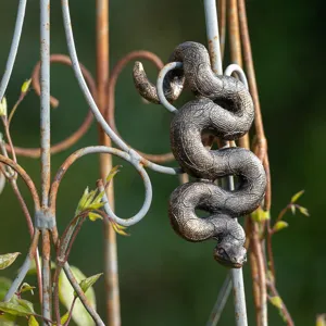 Charming bronze snake pot buddy for garden decor, detailed resin plant companion ornament.