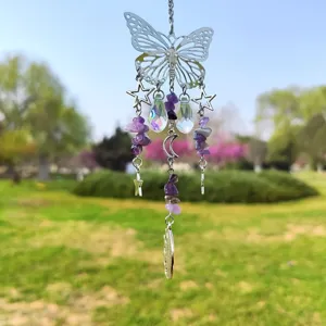 Crystal butterfly suncatcher pendant with amethyst chips and crystal prism for outdoor garden decor