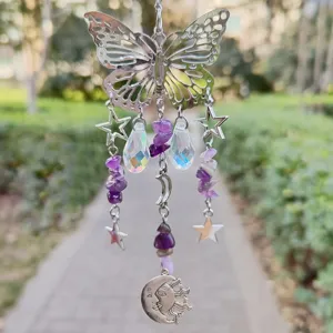 Crystal butterfly suncatcher pendant with purple amethyst chips, stars and moon for window decor.