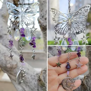 Detailed view of butterfly crystal suncatcher garden hanging ornament with amethyst and stars.