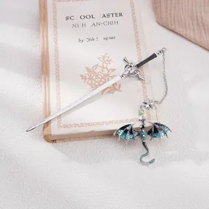 Metall Schwert Lesezeichen mit blauem Drachen Anhänger, ideales Geschenk für Bücherwürmer.