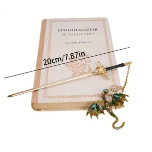 Metall Schwert Lesezeichen mit Drachen Anhänger und Kette, ideal für Fantasy Bücher Fans.