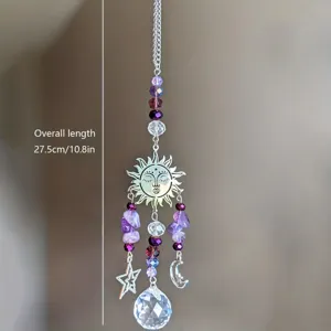 Crystal suncatcher hanging ornament with amethyst stones, sun and moon design, 27.5cm length.
