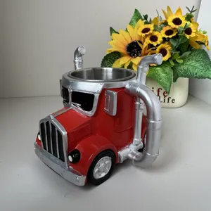 Detailed view of the creative truck coffee mug, showing the stainless steel inner core and exhaust handle.