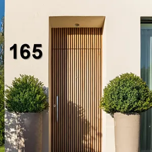 Vista detallada del numero de casa 165 de metal negro, elegante placa para pared exterior.