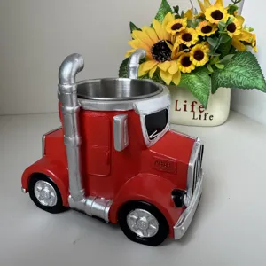 Creative red truck storage cup resin ornament stainless steel inner core home desktop decor