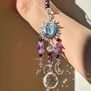 Amethyst sun catcher crystal moon star hanging ornament for window garden home decor detail view.