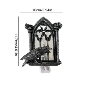 Detailed shot of Gothic crow nightlight with window design, plug-in Halloween decor.