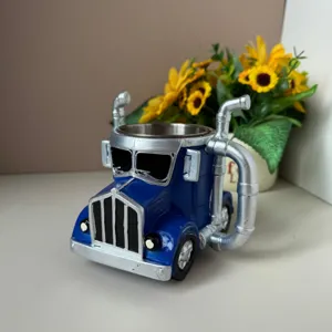 Creative blue truck coffee mug with stainless steel inner core and silver exhaust pipe decor.