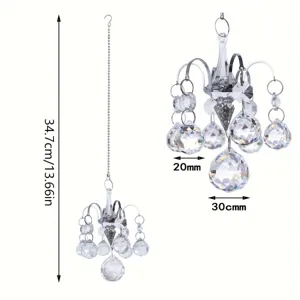Crystal chandelier suncatcher detail showing hanging prism dimensions and crystal bead sizes.