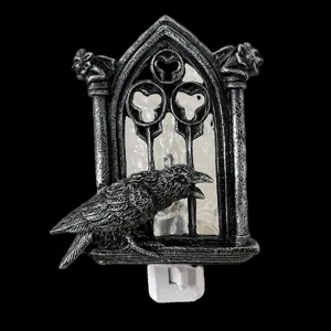 Halloween gothic crow night light with gargoyle and arch window design, plug-in wall lamp.