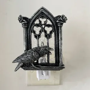 Gothic Raven Night Light Halloween Vintage Window Wall Plug Lamp Spooky Home Decor
