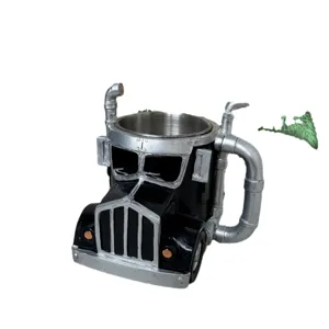 Novelty truck coffee mug with stainless steel inner liner, creative big rig design cup.
