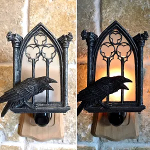 Gothic raven wall night light with gargoyle and arch design, ideal for Halloween decoration.