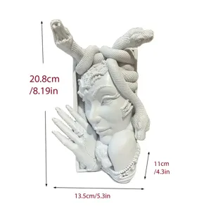 Medusa Buchstütze aus Harz, weiße dekorative Skulptur mit detaillierten Produktabmessungen.