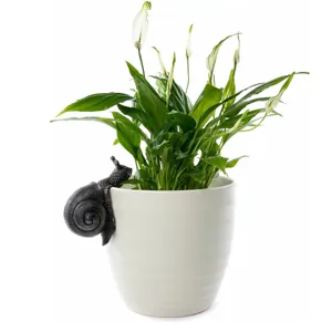 Close-up detail of the resin snail pot hanger on a white planter with green leaves.