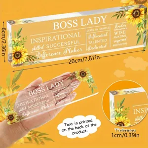 Acrylic desk plaque with sunflower design and inspirational boss lady quotes for office decor.