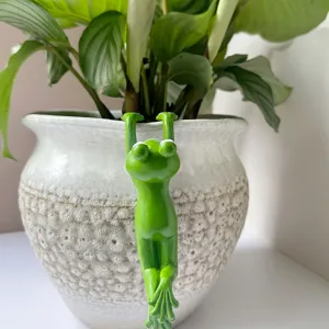 Close-up of a cute green frog resin hanging ornament, perfect for plant pot and garden decor.