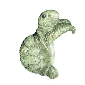 Detailed view of turtle resin sculpture garden pot hanger, green animal ornament for yard decor.