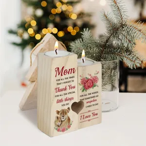 Wooden candle holder gift for mom with heartfelt engraved quotes and cute lion graphic decor.