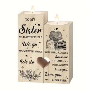 Wooden candle holder set, sister friendship gift, heart design tea light holder for home decor.