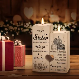 Wooden sister candle holder gift, heartwarming engraved message and cute design for best friends birthday.