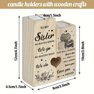 Wooden sister candle holder set, engraved dual pillar design with heart cutout and warm quotes.