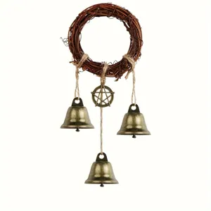 Bohemian rattan wreath hanging bells with pentagram pendant, mystic door decoration for home.