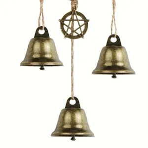 Bohemian door hanging bells with vintage metal bells and pentagram pendant for home decor.