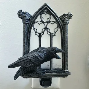 Halloween gothic raven night light with gargoyle window design, plug-in wall lamp for decor.