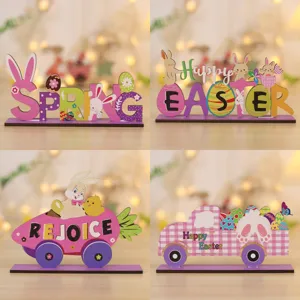 Easter Wooden Tiered Tray Decor Bunny Carrot Tabletop Sign Easter Party Supplies Spring Holiday Home Decor