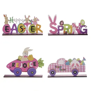 Wooden Easter tabletop decoration set featuring cute rabbits, eggs, and festive spring designs.