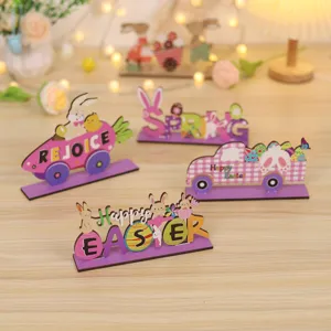 Wooden Easter bunny and egg tabletop decoration detail view, cute party decor items.