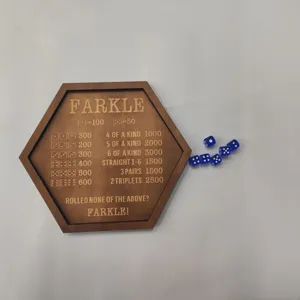 Wooden Farkle dice tray set with engraved scoring rules and blue dice for party games.