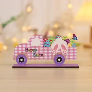 Cute Wooden Easter Truck Ornament with Colorful Eggs Rabbit Desktop Party Decor Board