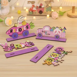 Easter wooden tabletop decor set featuring cute rabbit, carrot car and colorful eggs.