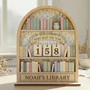 Vista dettagliata di libreria contatore di lettura in legno con libri e display.