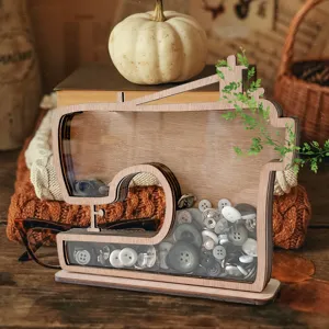 Caja expositora de madera en forma de máquina de coser, organizador de escritorio.