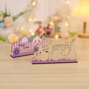 Easter wooden desktop ornament cute rabbit egg truck design party holiday decor 1pc