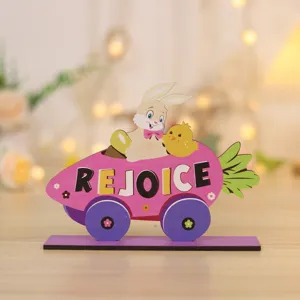 Wooden Easter Bunny Carrot Car Tabletop Ornament Cute Holiday Party Decor Detail View