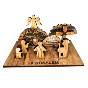 Scène de résurrection en bois de Terre Sainte décoration de table de Pâques avec croix