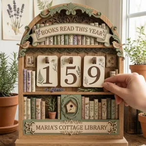 Calendario tracker di lettura in legno arredamento scaffale con numeri a ribalta e libri in miniatura.