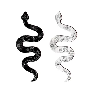 Close up of bohemian wooden snake wall art with floral line art details, black and white set.